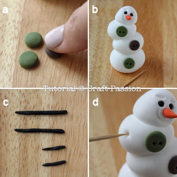 Снеговик из полимерной глины-сделайте пуговицы и руки
