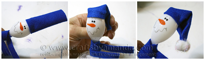 Снеговик из пластиковой ложки в глиняном горшке-шапка-чулок